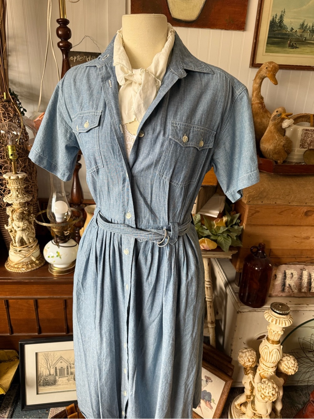 Casual Button-Front Chambray Shirt Dress in Light Blue - Picture 4 of 7